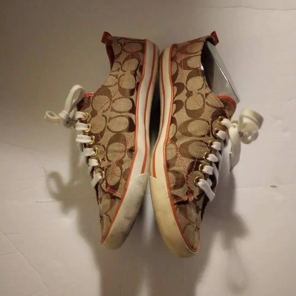 🆕👟Coach Suzzy Logo Jacquard Tan and Orange Sneakers